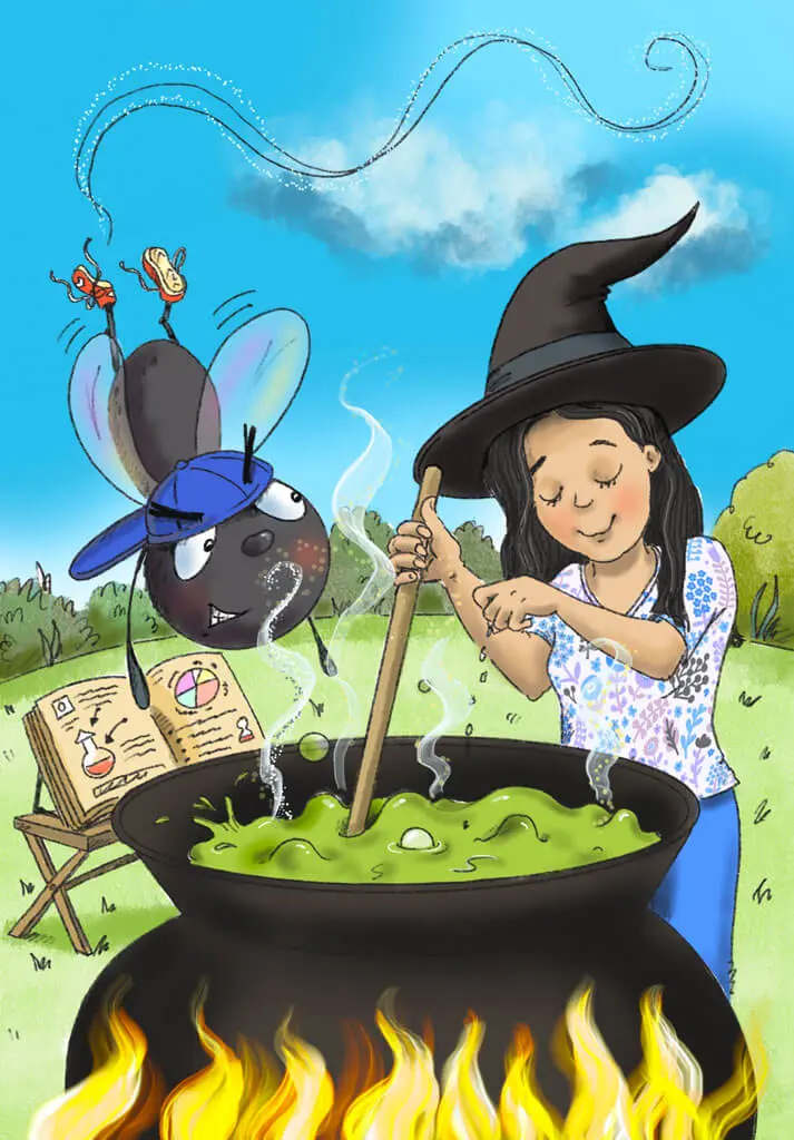 A girl in a witch 's hat stirring a pot of green liquid.