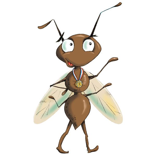 A cartoon of an ant with a medal around its neck.