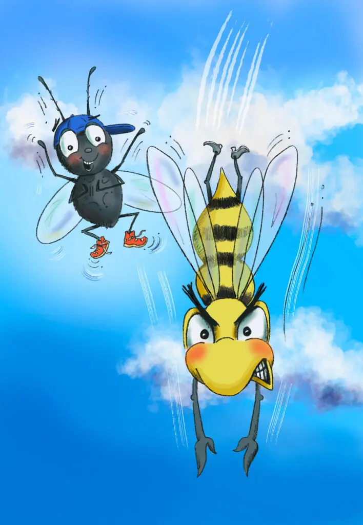 A bee and a bug flying in the sky