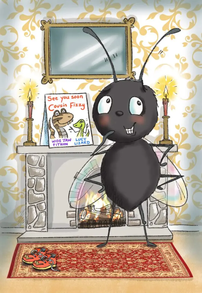 A cartoon of a black ant standing in front of a fireplace.
