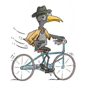 A bird with a hat and vest riding on a bicycle.