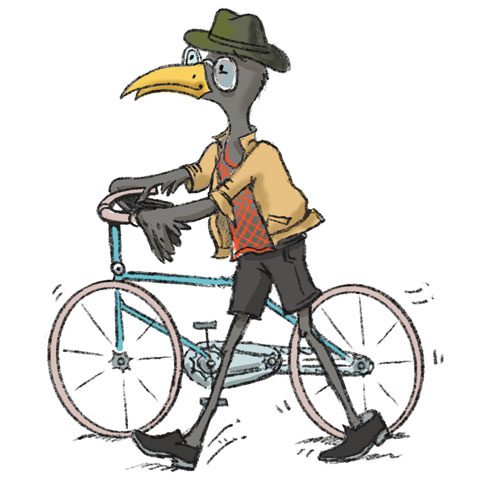 A bird with long beak riding on the back of a bicycle.