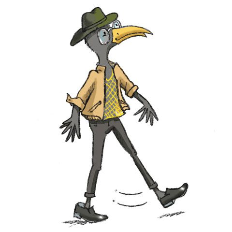 A cartoon of a bird wearing a hat and walking.