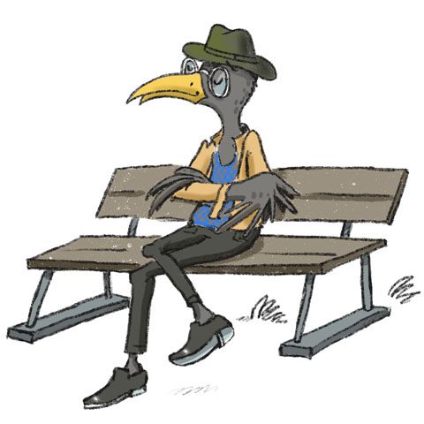 A bird sitting on top of a wooden bench.
