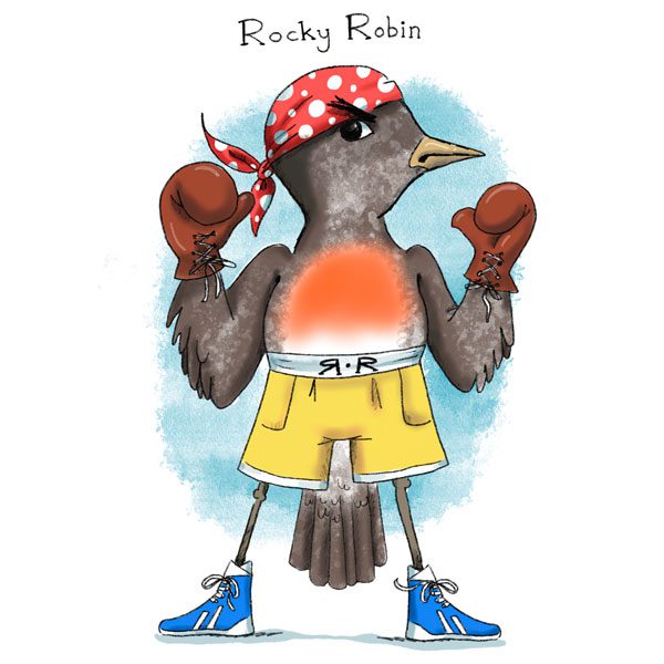 A bird with boxing gloves and shorts on.