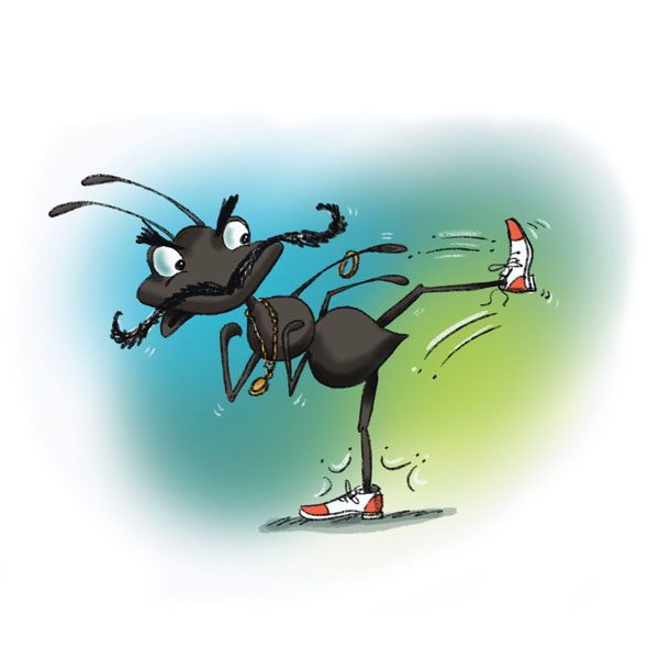 A cartoon of an ant kicking something on the ground