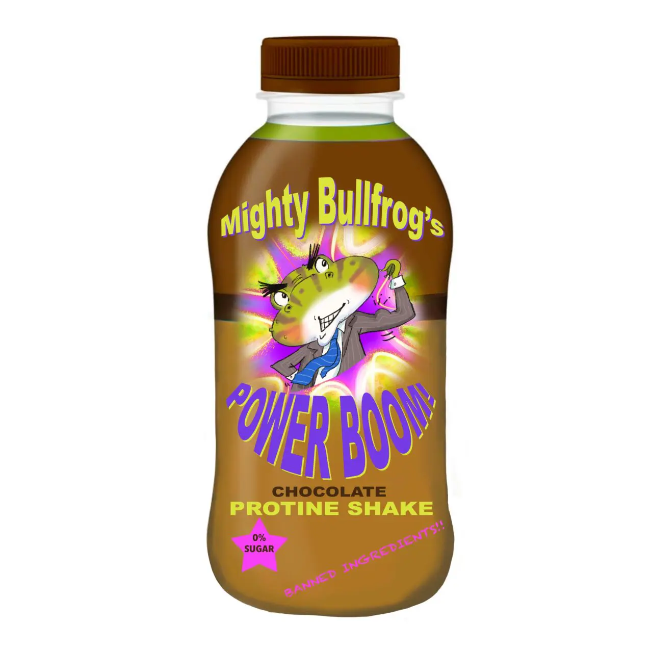 A bottle of protein shake with the words " mightybullfrog 's power boom " on it.