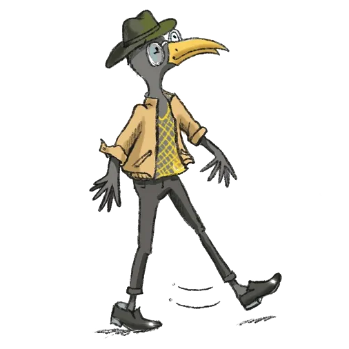 A drawing of a bird wearing a hat and jacket