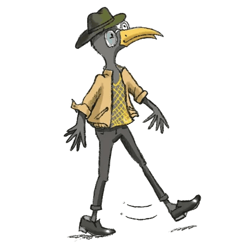 A drawing of a bird wearing a hat and jacket