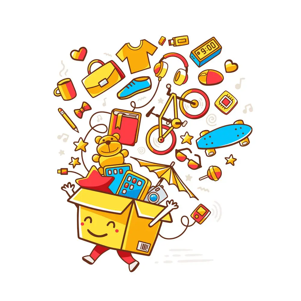 A cartoon of a box with lots of items flying around it.
